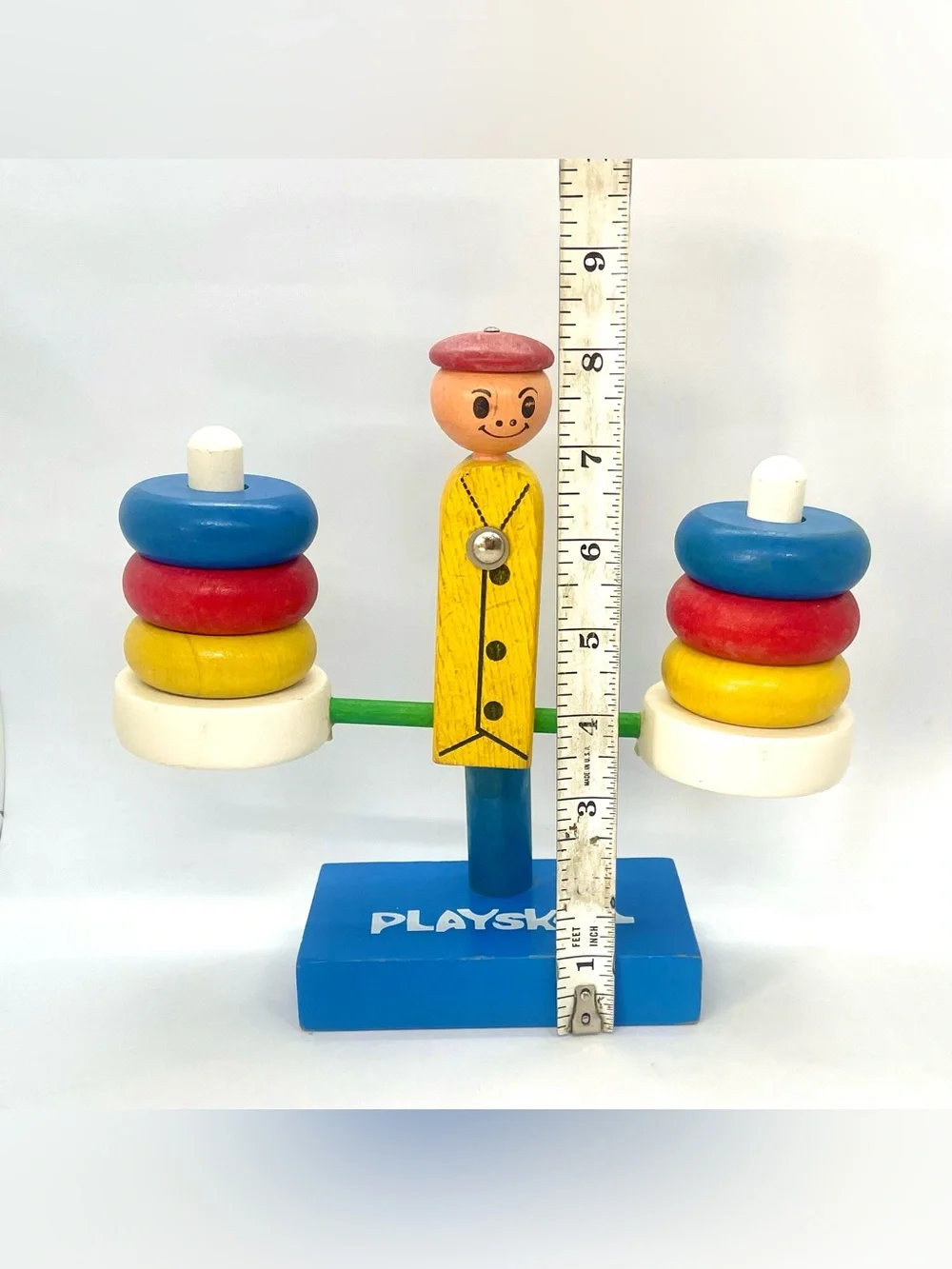 Vintage Playskool Wooden Toy Lot Jumbo Wood Beads Canisters & Balance Scale Man